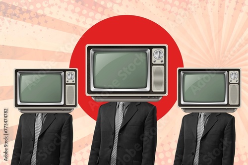 Group of people retro tv on heads. Disinformation concept
