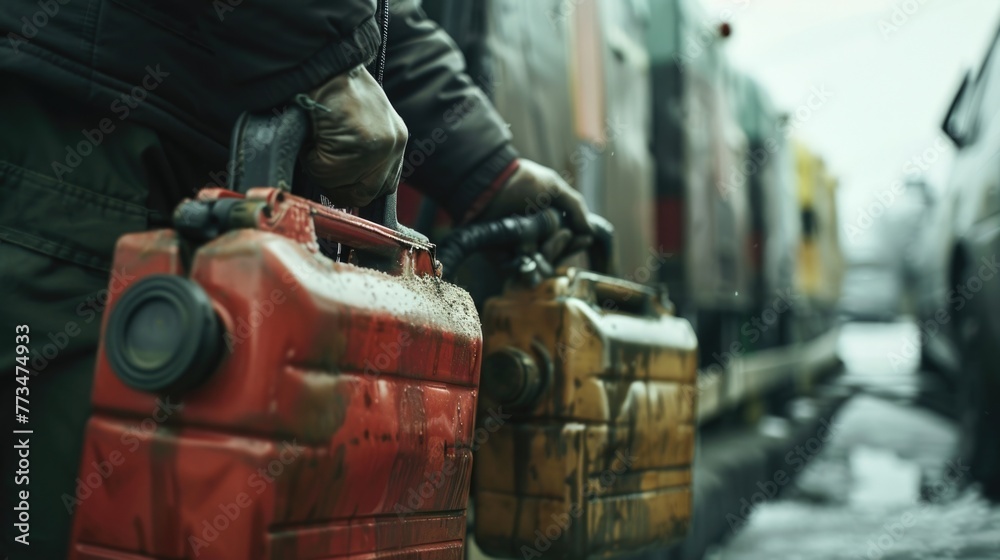 Fototapeta premium A man holding two gas cans next to a train. Perfect for transportation concept
