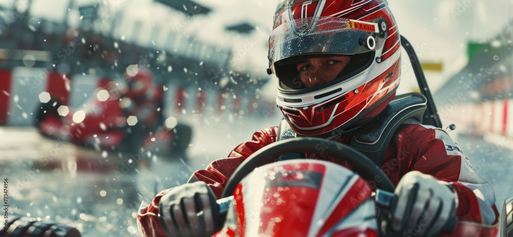 Fototapeta premium Man in red helmet driving go kart, suitable for sports themes