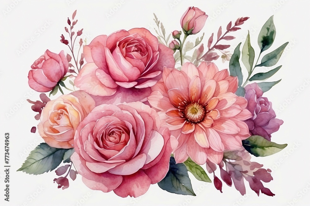 Watercolor flower arrangement in pink colors