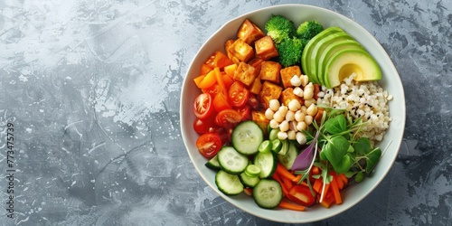 A bowl filled with vegetables and rice on a table. Suitable for food and nutrition concepts