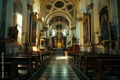 An empty church interior with rows of pews. Ideal for religious or spiritual concepts