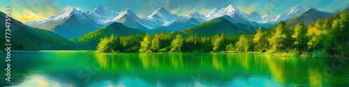 Abstract blurry drawn illustration of mountain forest lake on midsummer day. Background for design, space for text.  © La_Valentina