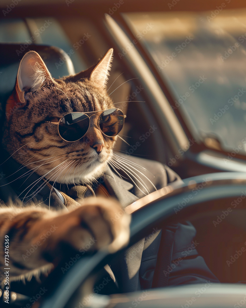 cat driver with sunglasses