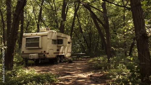 A trailer parked in the middle of a forest. Suitable for outdoor adventure and travel concepts