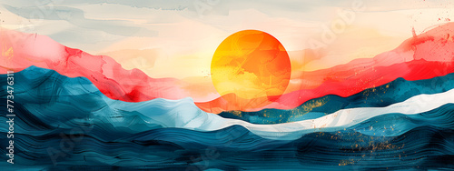 abstract illustration with summer vibes and wavy beach style, abstract watercolor paint banner with sea waves in minimalist pastel look
