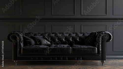 A modern black leather couch on a shiny hardwood floor, perfect for interior design projects