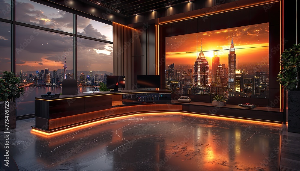 Obraz premium A news broadcast studio interior design could include the following elements: