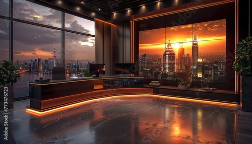 A news broadcast studio interior design could include the following elements: