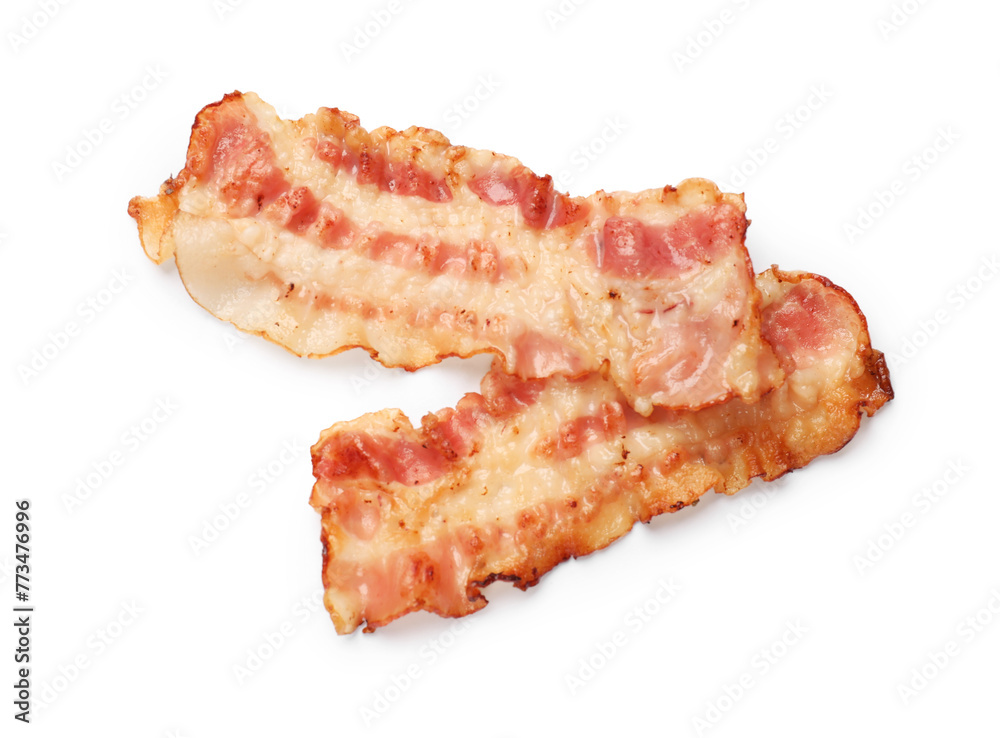 Delicious fried bacon slices isolated on white, top view Delicious fried bacon slices isolated on white, top view