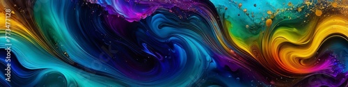Abstract drawn illustration bright multicolored waves and splashes on dark background. Background for banner design  poster  website header  space for text. 