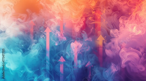 Abstract dynamic arrows taking off in a cloud of smoke. Business success, development and progress, moving forward concept