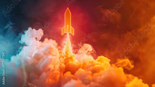 Abstract dynamic rocket taking off in a cloud of smoke. Business success, development and progress, moving forward concept