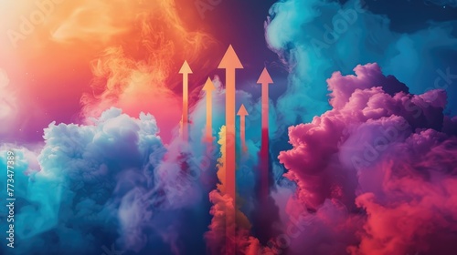 Abstract dynamic arrows taking off in a cloud of smoke. Business success, development and progress, moving forward concept photo