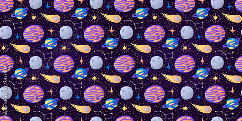 Cosmic childish pattern on dark background. Flying Comet, strange Planets. Moon, stars. Constellation Ursa Major. Space. Seamless Galaxy print. Wrapping for kids. Gradient colors. Vector illustration