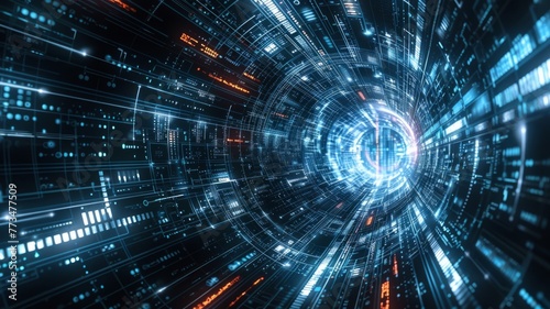 Cyberspace data tunnel with light core visual - Light beams through the core of a data tunnel in an image that captures the essence of digital connectivity