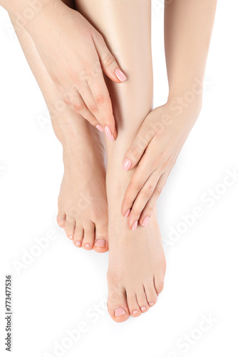 Woman with neat toenails after pedicure procedure isolated on white  closeup