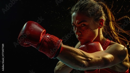 A woman wearing a red shirt and red boxing gloves. Perfect for sports and fitness concepts © Fotograf