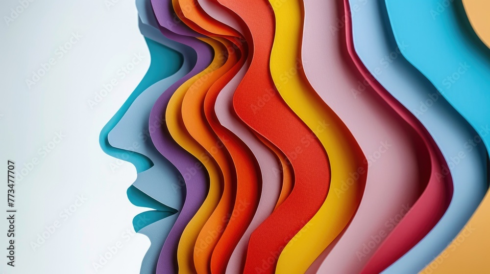 Close up view of a person's face made of colored paper. Great for artistic projects