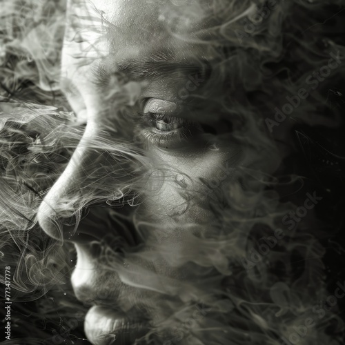 Woman's face obscured by ethereal smoke - Swirling smoke dances around and partially conceals a woman's face, creating a mystical and ethereal portrait composition