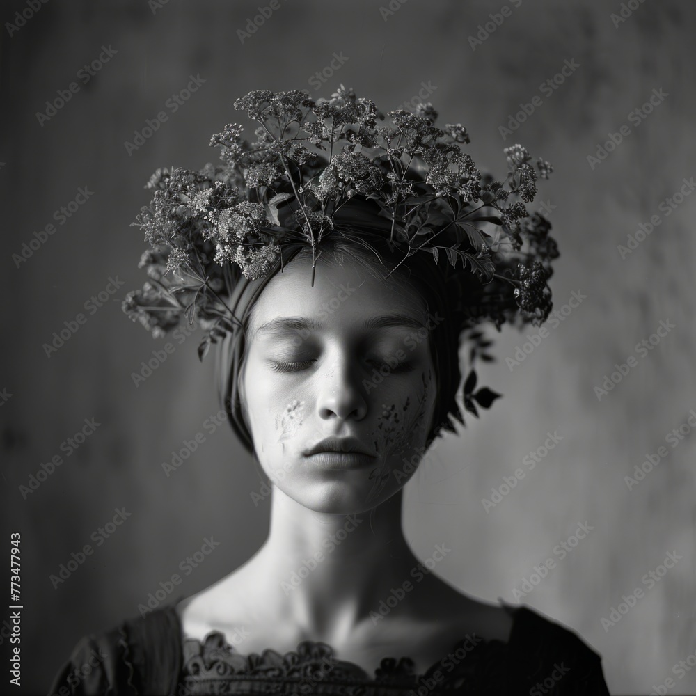 Monochrome portrait with floral crown - This black and white image showcases a serene woman adorned with a crown made of delicate flowers, evoking a sense of peace