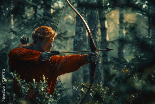 A man holding a bow and arrow in a forest. Ideal for outdoor and hunting concepts © Fotograf