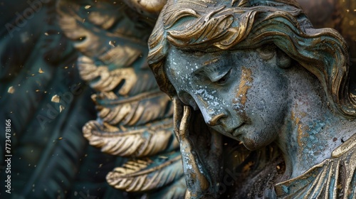 Detailed view of an angel statue. Perfect for religious or spiritual themes