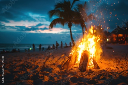 Beach bonfire at dusk with palm trees and people in the background.