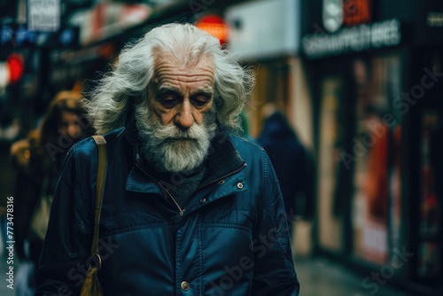 Elderly man with white beard strolling down street. Suitable for lifestyle and urban themes