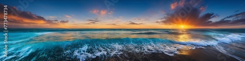 Abstract colorful illustration of tropical ocean shore at sunset, blurred background for social media banner, website and for your design, space for text. 