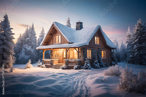 Showcase a cozy cottage nestled in a snowy landscape, surrounded by frosted trees and a blanket of untouched snow. 