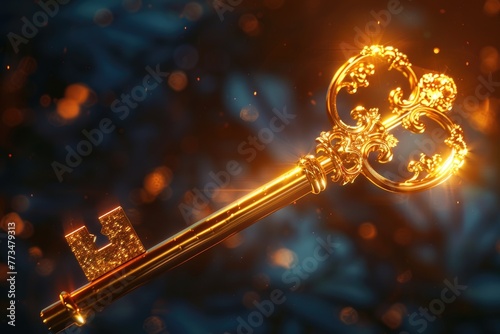 A golden key with intricate filigree design, suitable for various concepts and designs