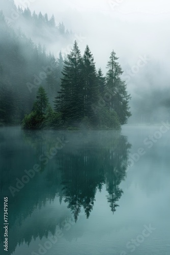 Misty lake surrounded by trees, suitable for nature themes