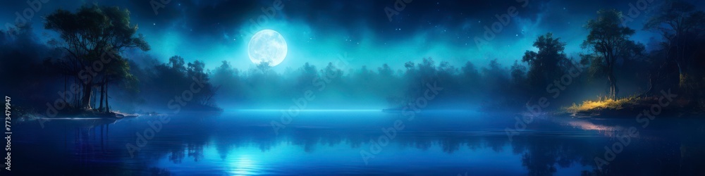 Abstract colorful blurred illustration of blue midsummer night on river, background for social media banner, website and for your design, space for text.	