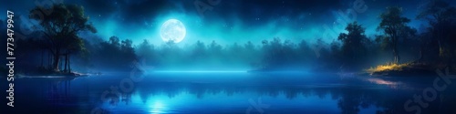 Abstract colorful blurred illustration of blue midsummer night on river, background for social media banner, website and for your design, space for text. 