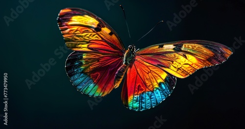 Butterfly with vibrant wings open, detailed scales and patterns visible. -