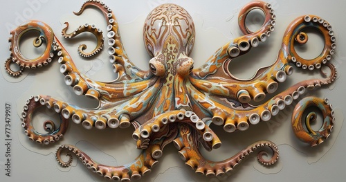 Octopus with tentacles spread, intricate suction cups detailed. 