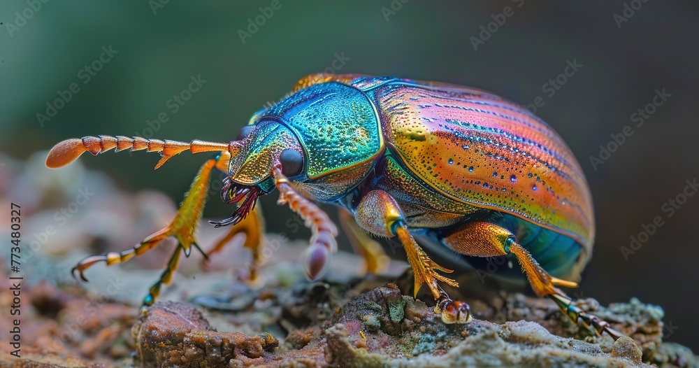 Fototapeta premium Beetle with iridescent shell, tiny yet fascinating, a jewel of nature.