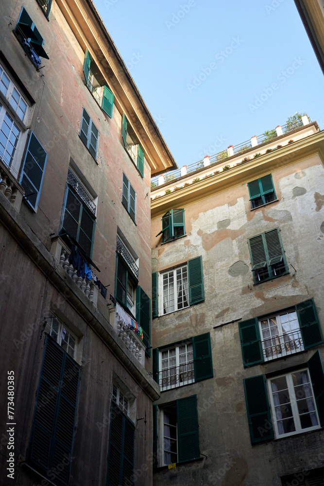 view on a facade with balconies in Genova, Italy