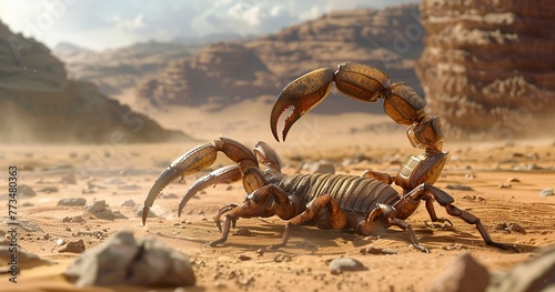 Scorpion poised  tail arched for defense  desert survivor. 