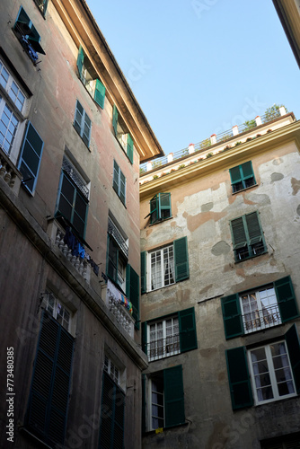 view on a facade with balconies in Genova, Italy