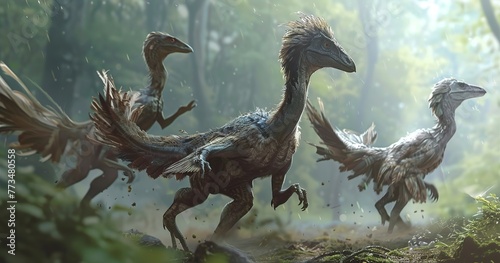 Velociraptor pack strategizing, dynamic and cunning, feathers subtly detailed. 