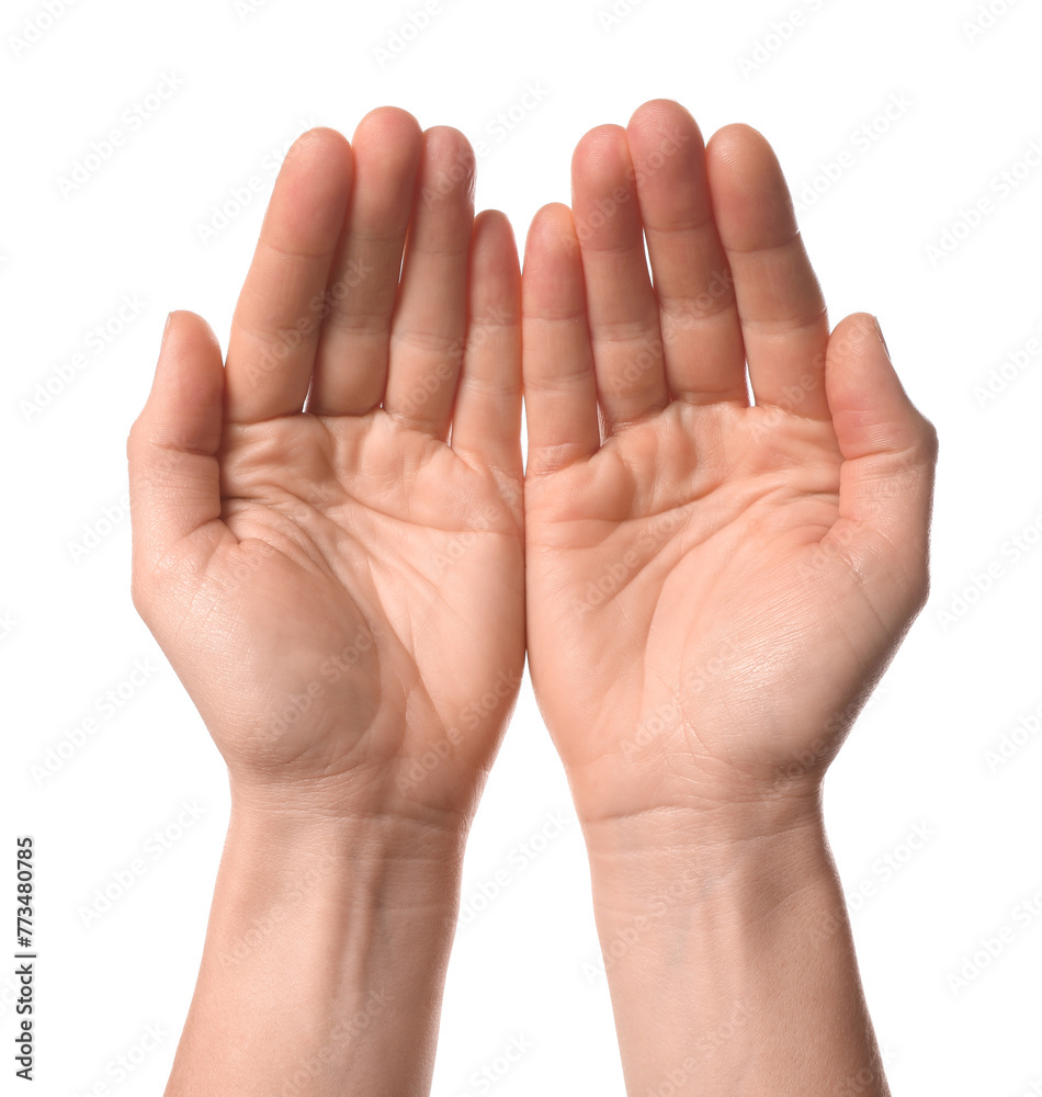Religion. Woman with open palms praying on white background, closeup Religion. Woman with open palms praying on white background, closeup