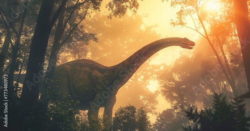 Brachiosaurus reaching for treetops, towering and peaceful, iconic sauropod. 