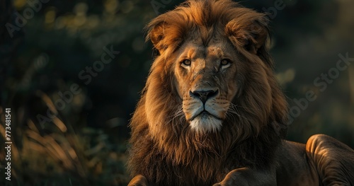 Majestic lion with a deep gaze, mane flowing softly, symbol of strength.  © Thanthara