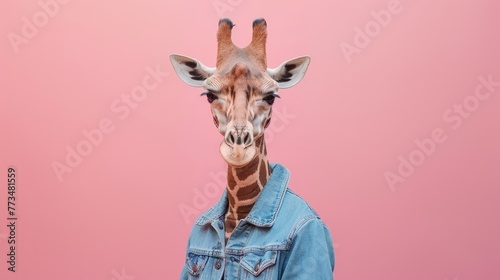 A giraffe wearing a denim jacket on a pink background. Perfect for fashion or animal lovers