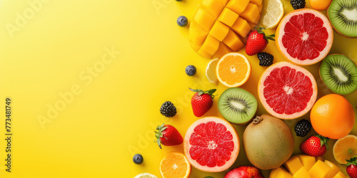 A vibrant assortment of fresh fruits arrayed against a sunny yellow background. photo