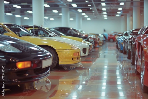 Various colored cars parked in a garage. Suitable for automotive industry promotions