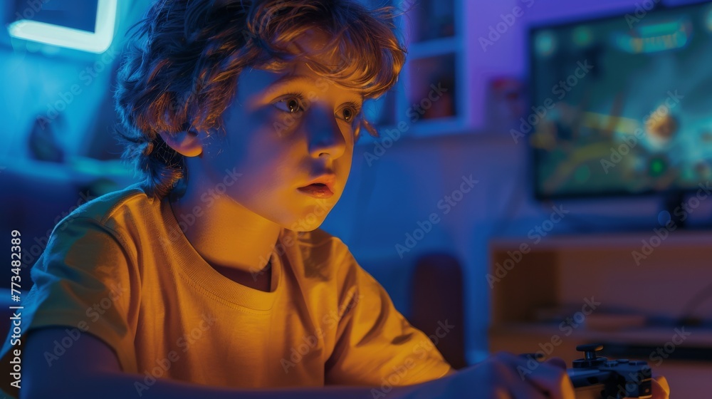 Obraz premium Focused child playing video game during his leisure time at home