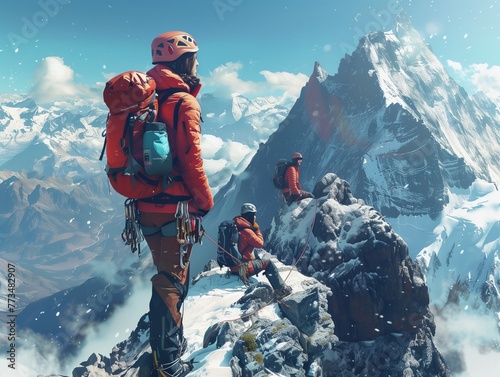 Positive femele mountain climbers having a break on Aiguille d'Entreves mountain ridge